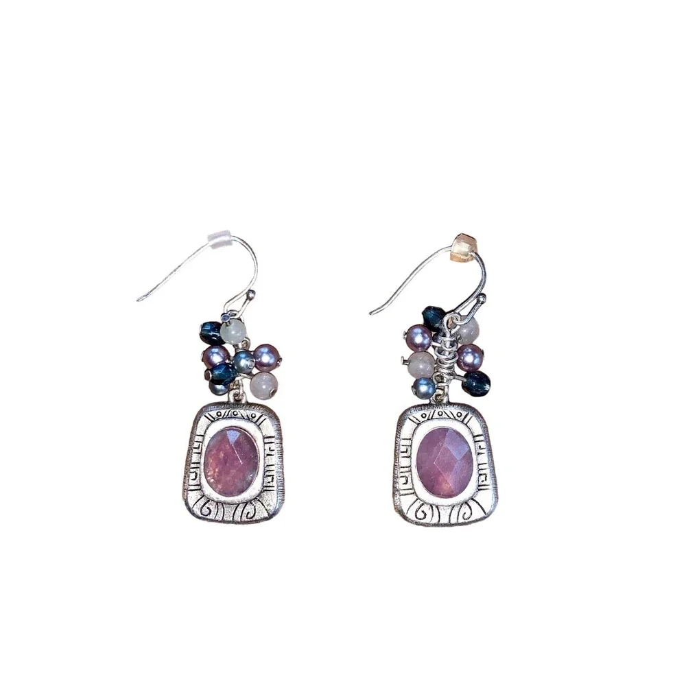 Sterling Silver Amethyst Color Stone Beaded Dangle Fishhook Earrings NWOT
